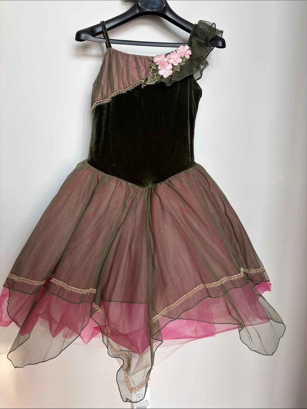 Revolution Olive Green and Pink One-Shoulder Tulle Dance Costume
